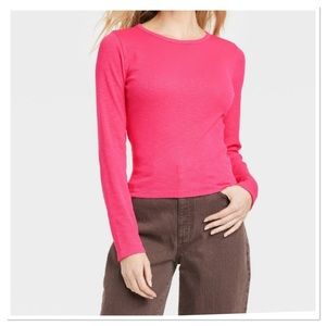 Women’s Ribbed Shrunken Long Sleeve T-Shirt Pink NWT